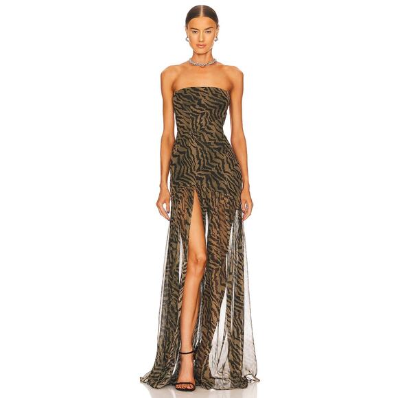 Retrofete Nicole Maxi Dress Strapless Silk Party Formal Statement Tiger Stripe S - Picture 2 of 12
